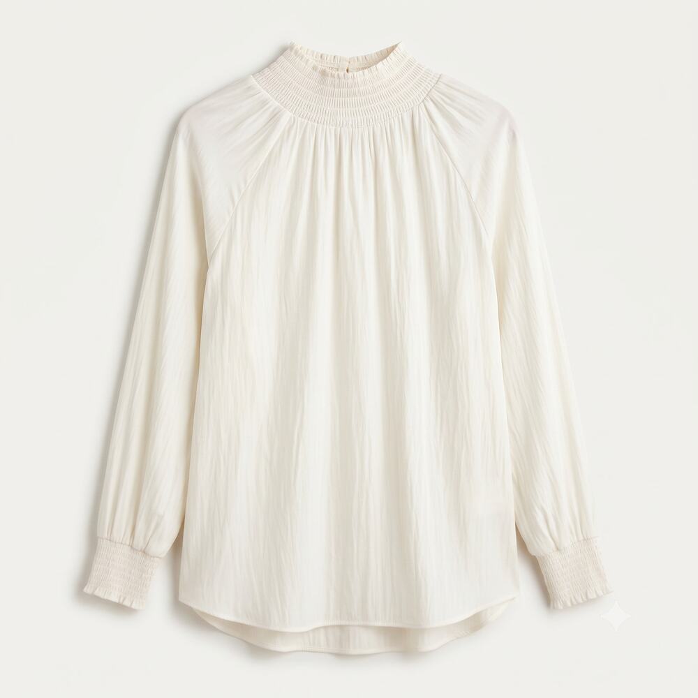 Chico's Women's L Minimalist Quiet Luxury Romantic Smocked Mock Neck‎ Blouse